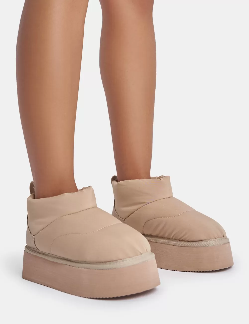 Store Public Desire Chill Out Beige Nylon Puffer Ultra Mini Ankle Platform Boots Neutral