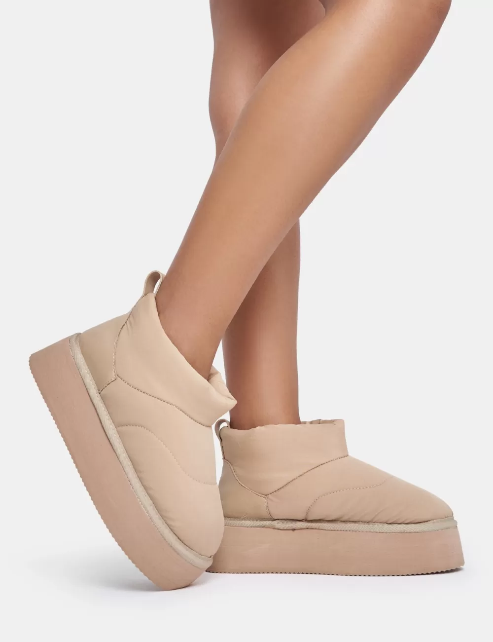 Store Public Desire Chill Out Beige Nylon Puffer Ultra Mini Ankle Platform Boots Neutral