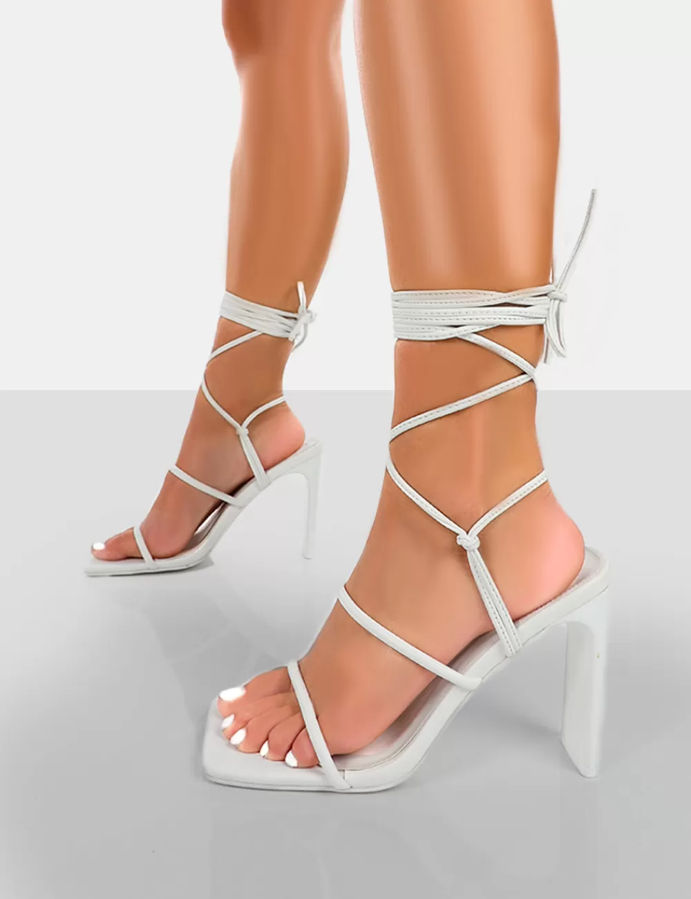 Fashion Public Desire Chloe Pu Strappy Square Toe Lace Up Heels White