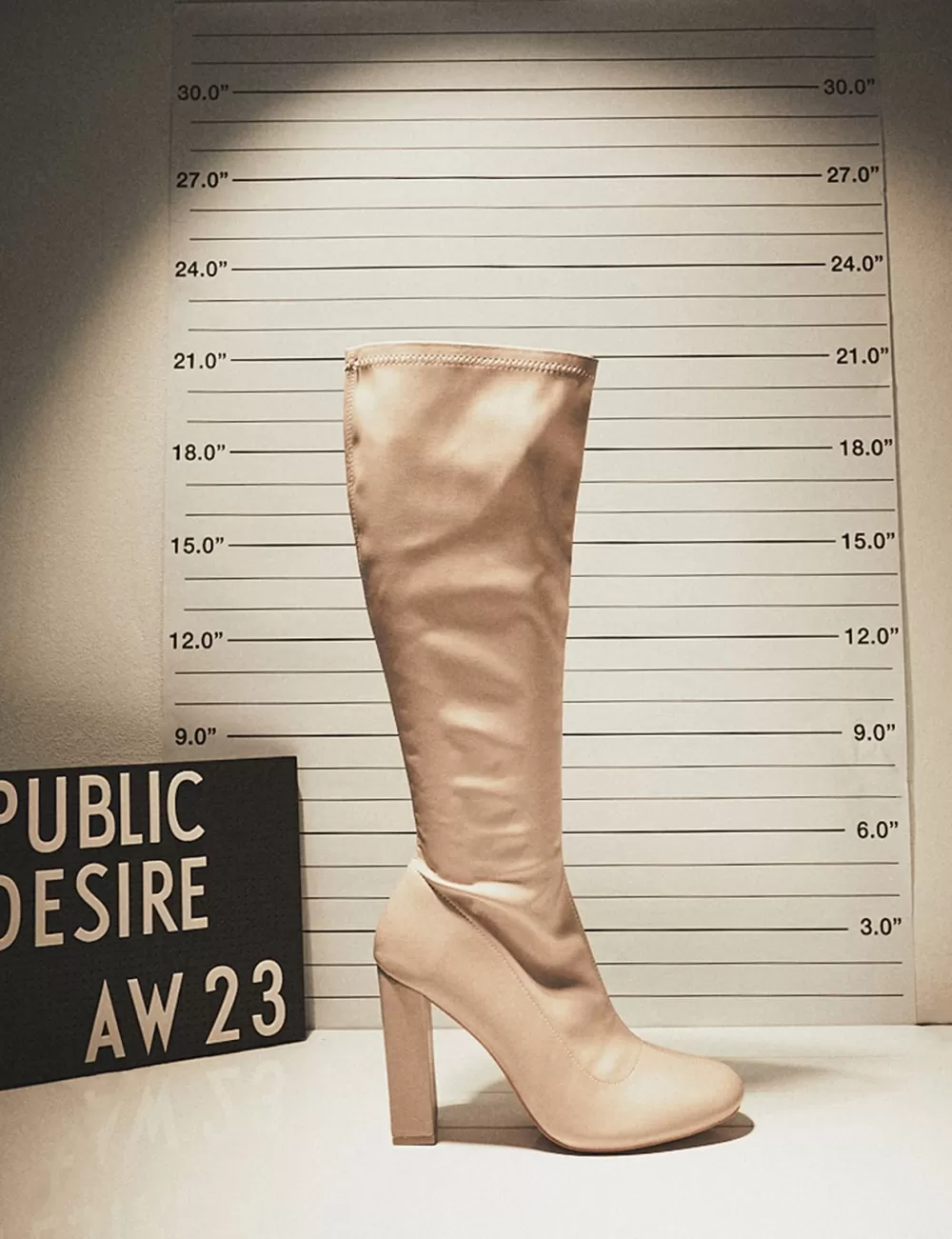 Best Sale Public Desire Christina Nude Pu Pointed Toe Block Heel Knee High Boots Neutral
