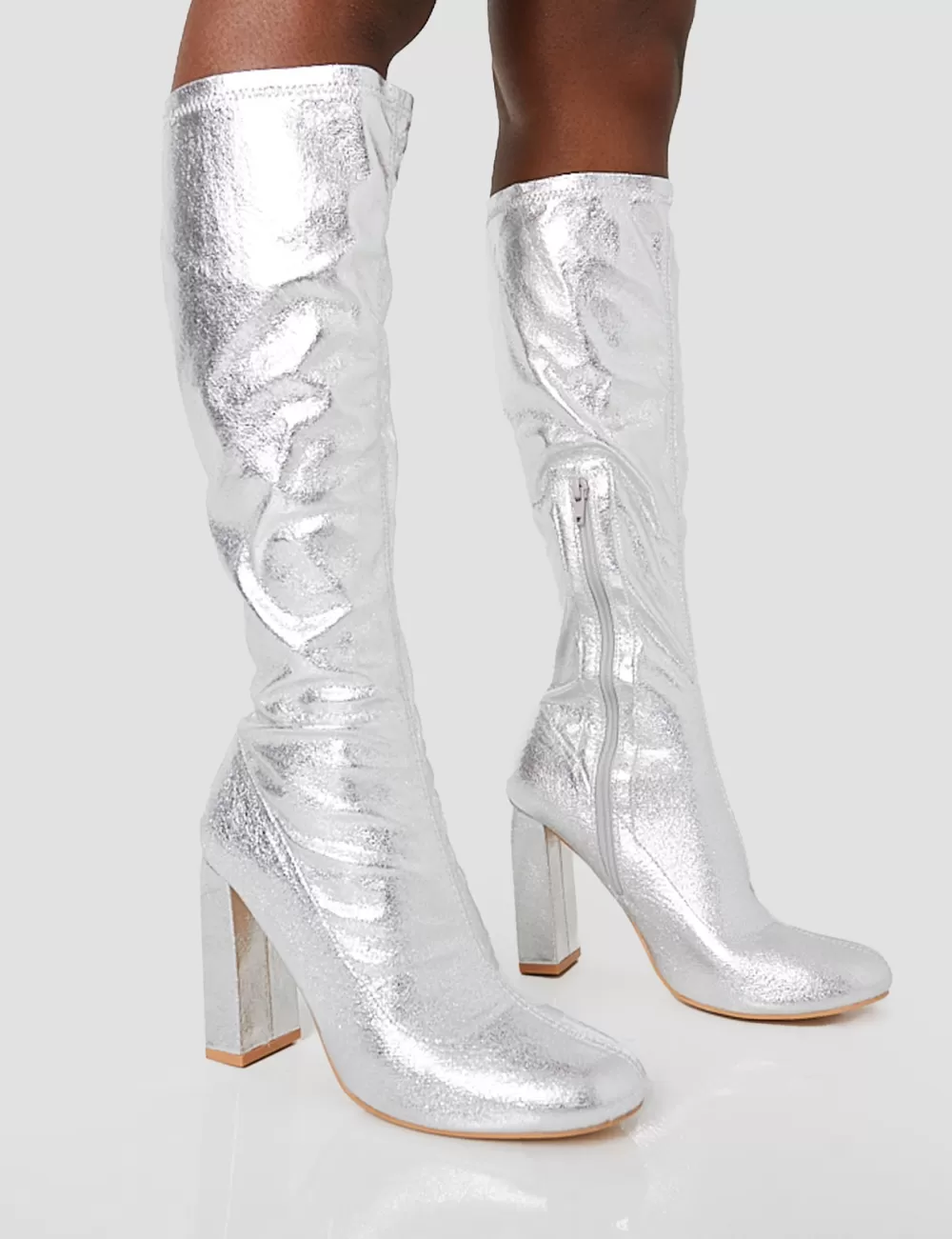 Hot Public Desire Christina Grain Pointed Toe Block Heel Knee High Boots Silver