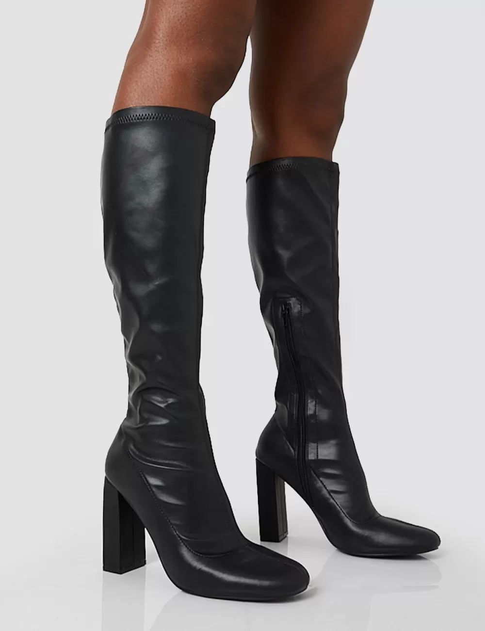 Sale Public Desire Christina Wide Fit Pu Pointed Toe Block Heel Knee High Boots Black