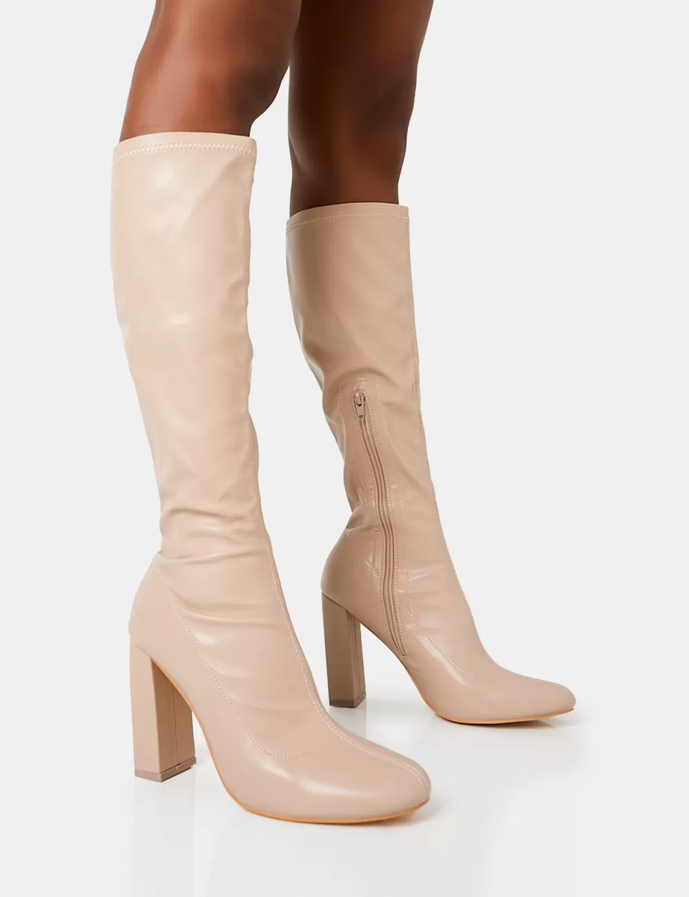 Discount Public Desire Christina Wide Fit Pu Pointed Toe Block Heel Knee High Boots Nude