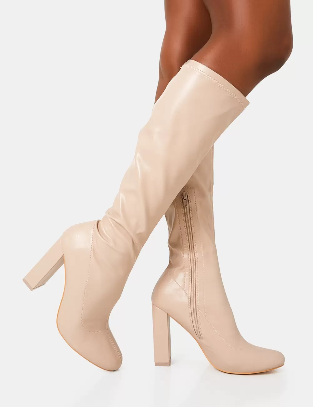 Discount Public Desire Christina Wide Fit Pu Pointed Toe Block Heel Knee High Boots Nude
