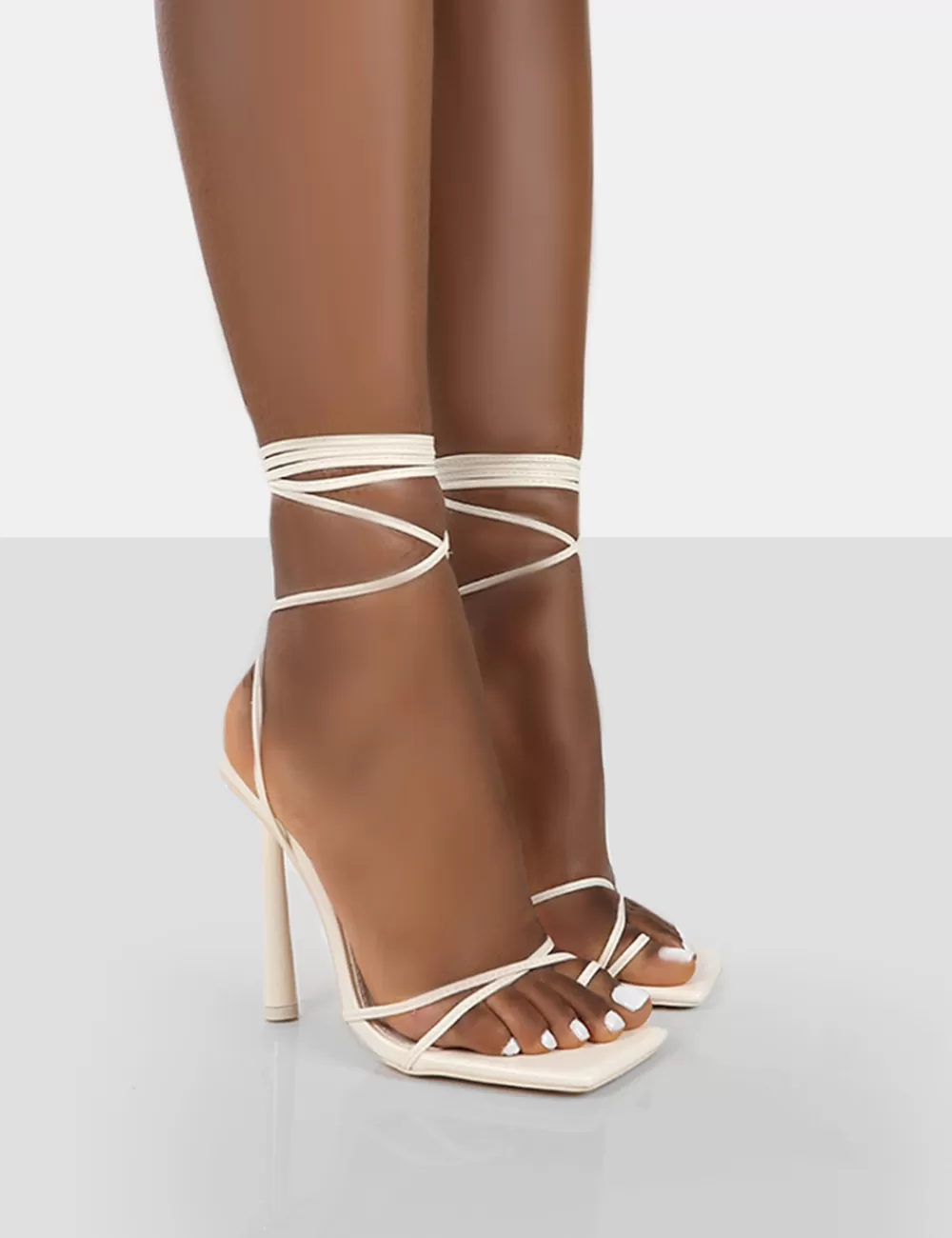 Fashion Public Desire Ci Ci Pu Square Toe Lace Up Stiletto Heels Ecru
