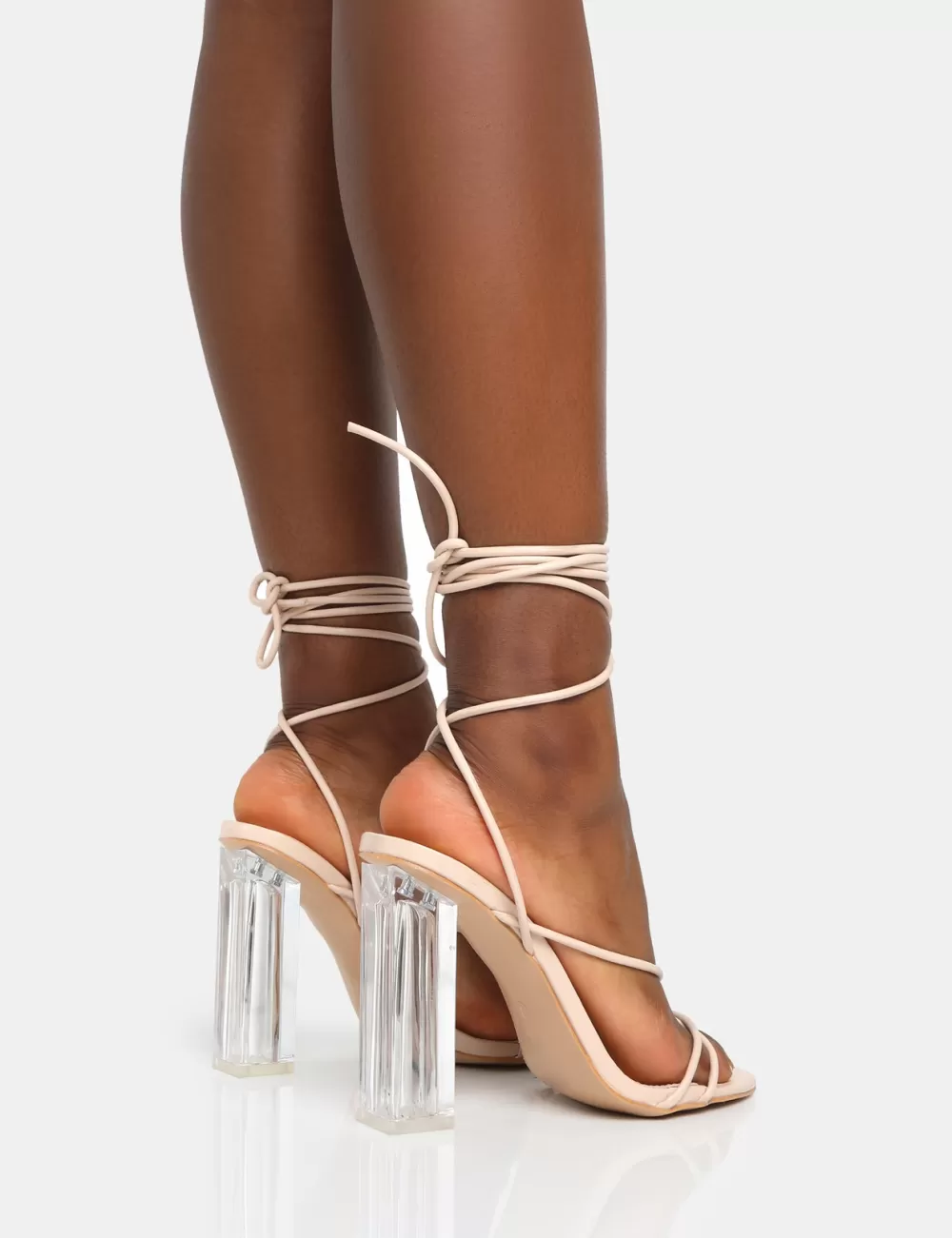 New Public Desire Clara Nude Pu Strappy Lace Up Round Toe Clear Perspex Heels Neutral