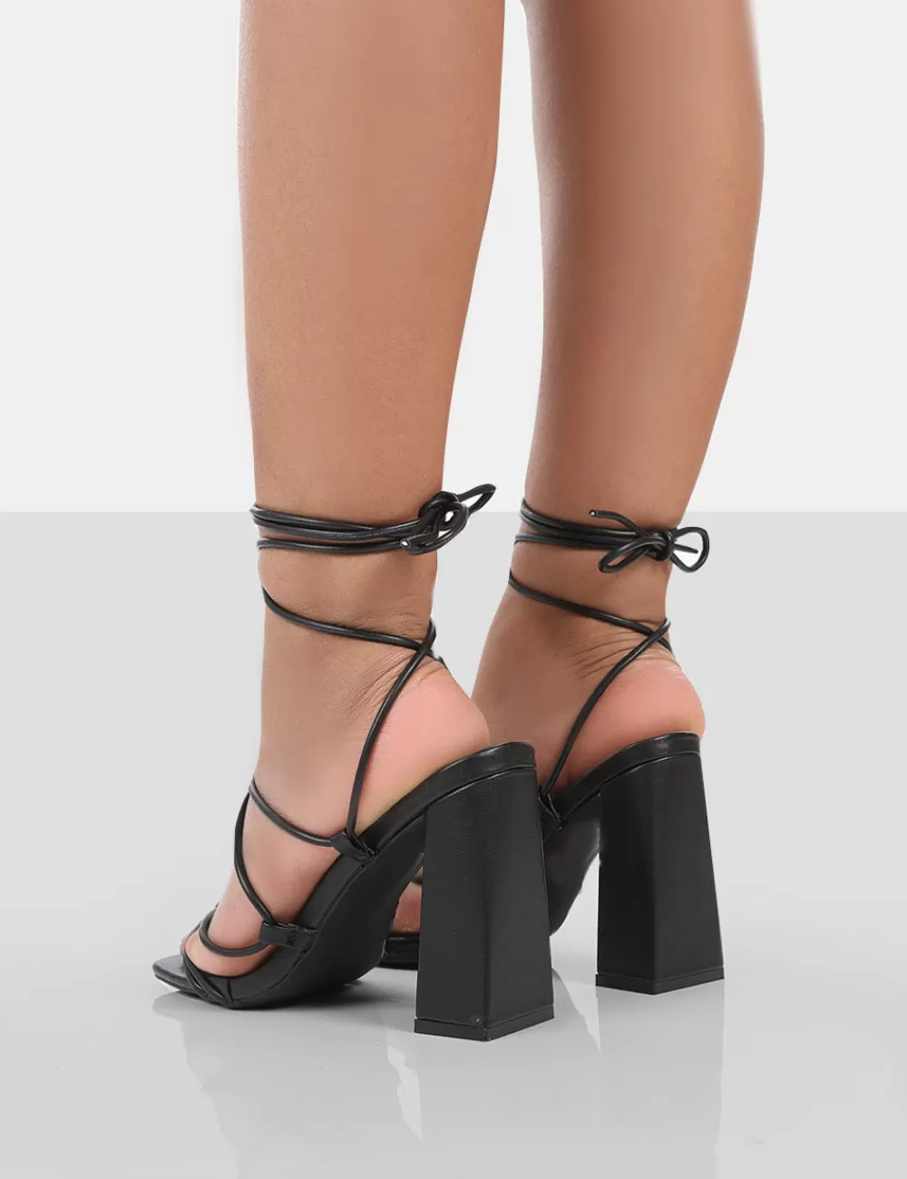 Cheap Public Desire Coco Grain Square Toe Strappy Lace Up Block Heels Black