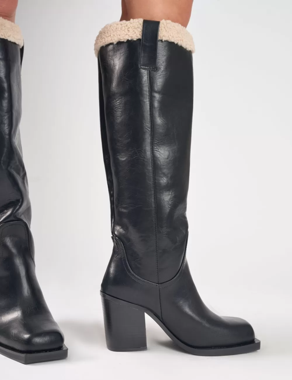 Hot Public Desire Colden Vintage Fur Trim Block Heel Knee High Boots Black