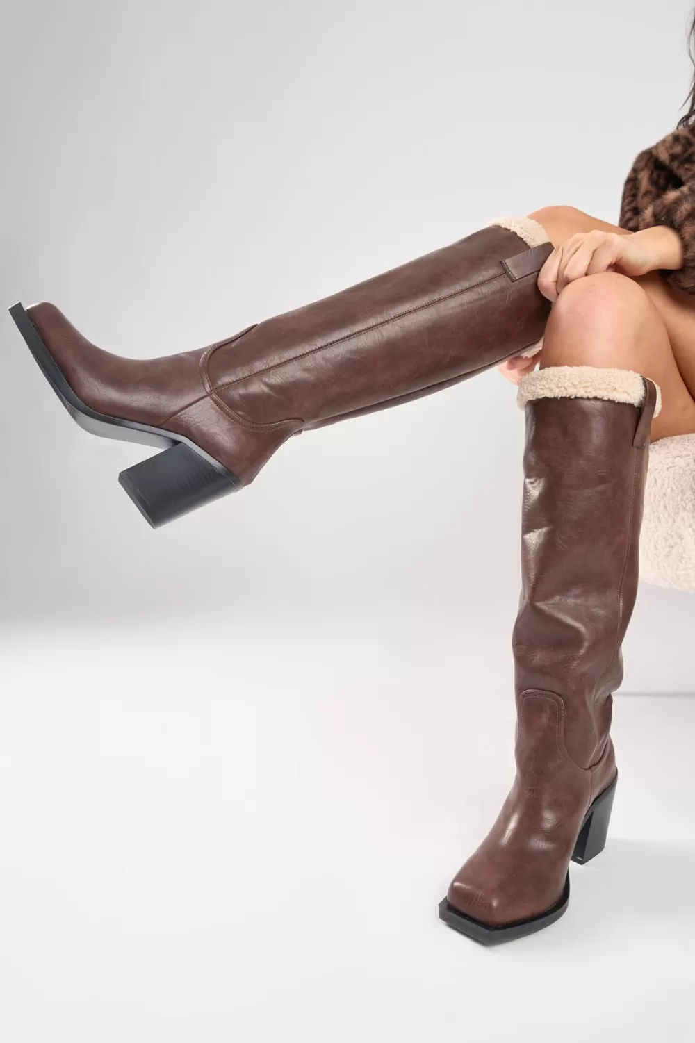 Store Public Desire Colden Vintage Fur Trim Block Heel Knee High Boots Brown