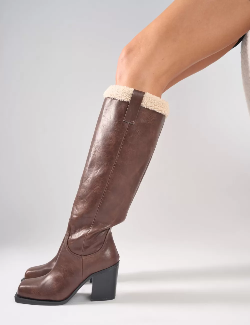 Store Public Desire Colden Vintage Fur Trim Block Heel Knee High Boots Brown