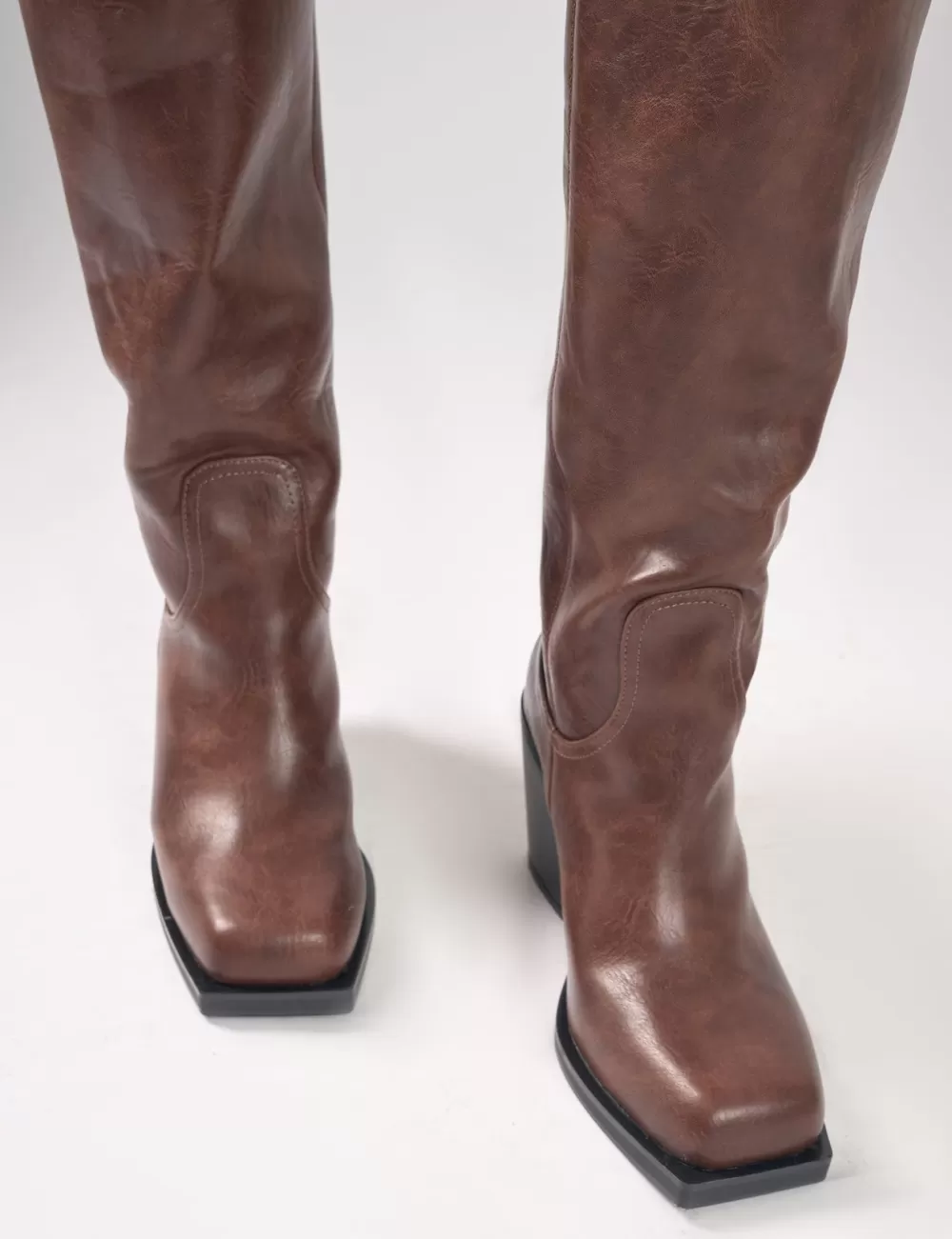 Store Public Desire Colden Vintage Fur Trim Block Heel Knee High Boots Brown
