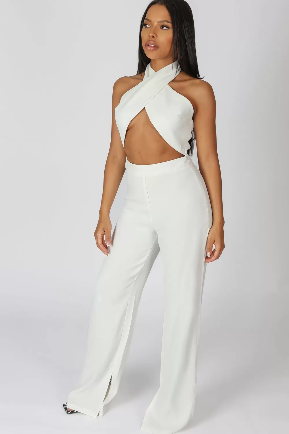 Cheap Public Desire Cross Front Halter Wide Leg Jumpsuit White