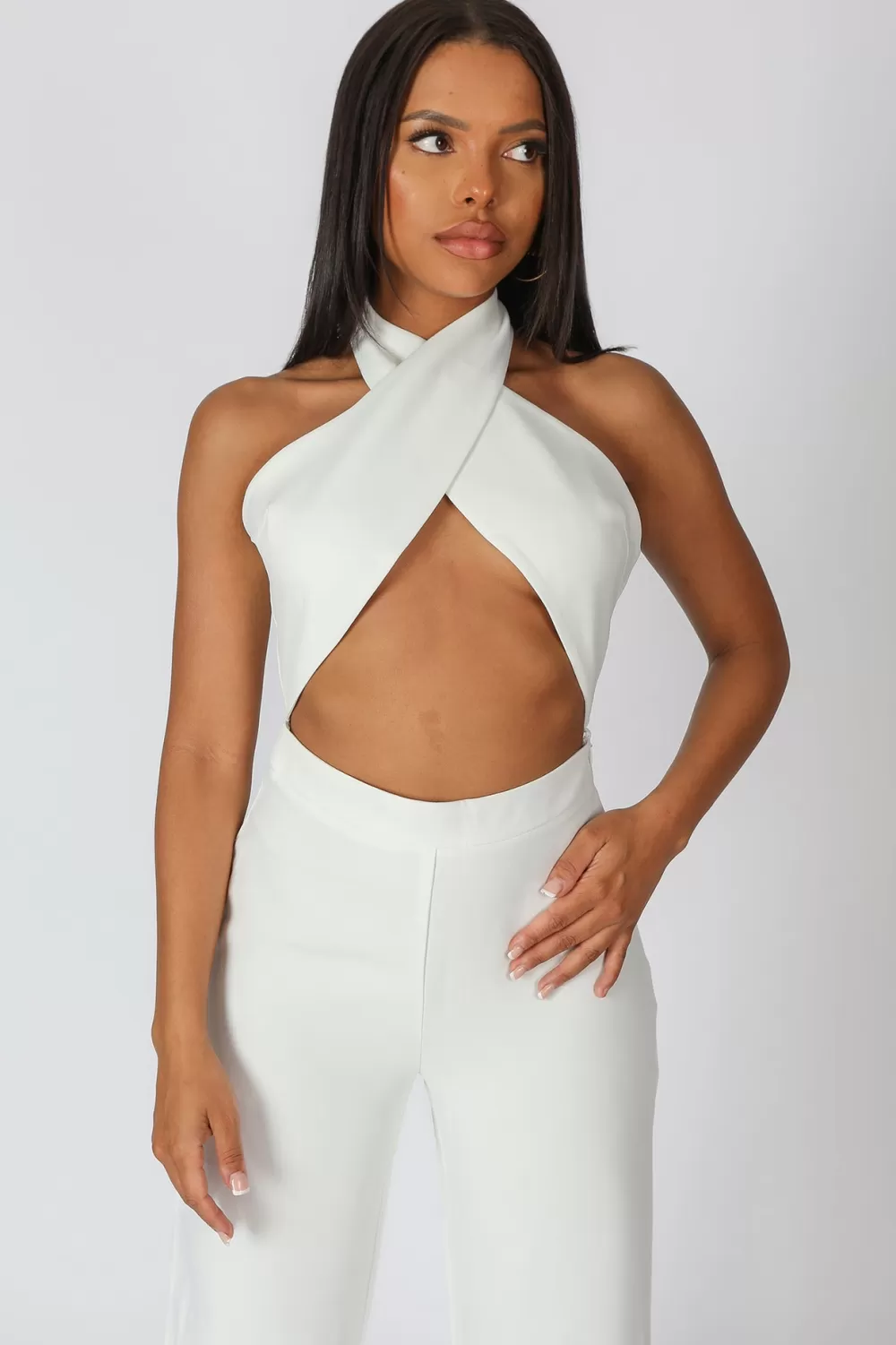 Cheap Public Desire Cross Front Halter Wide Leg Jumpsuit White