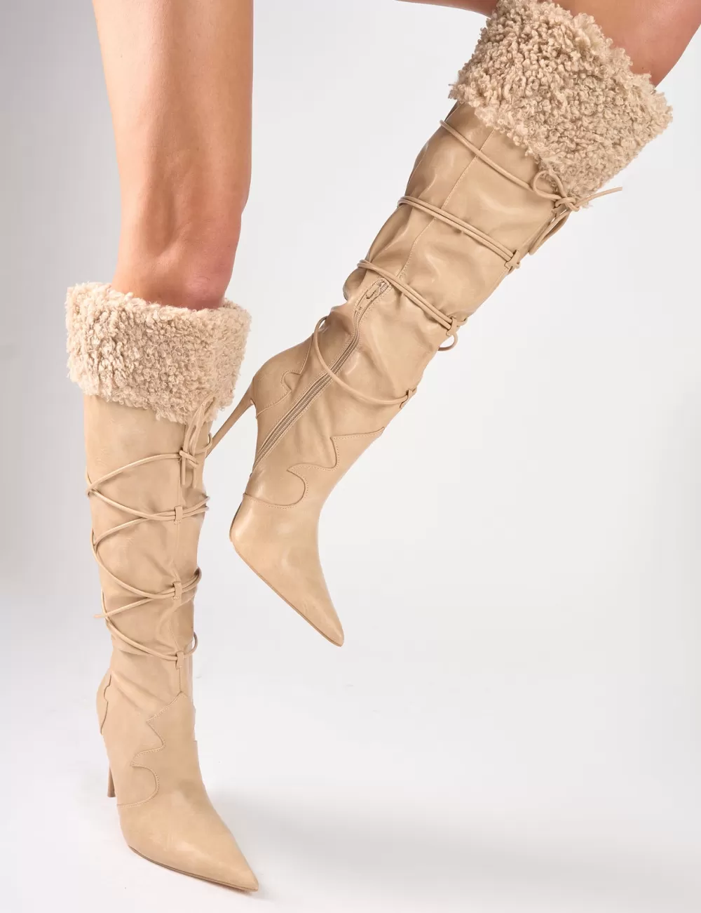 Sale Public Desire Crusader Fur Trim Western Inspired Pointed Toe Boots Cream