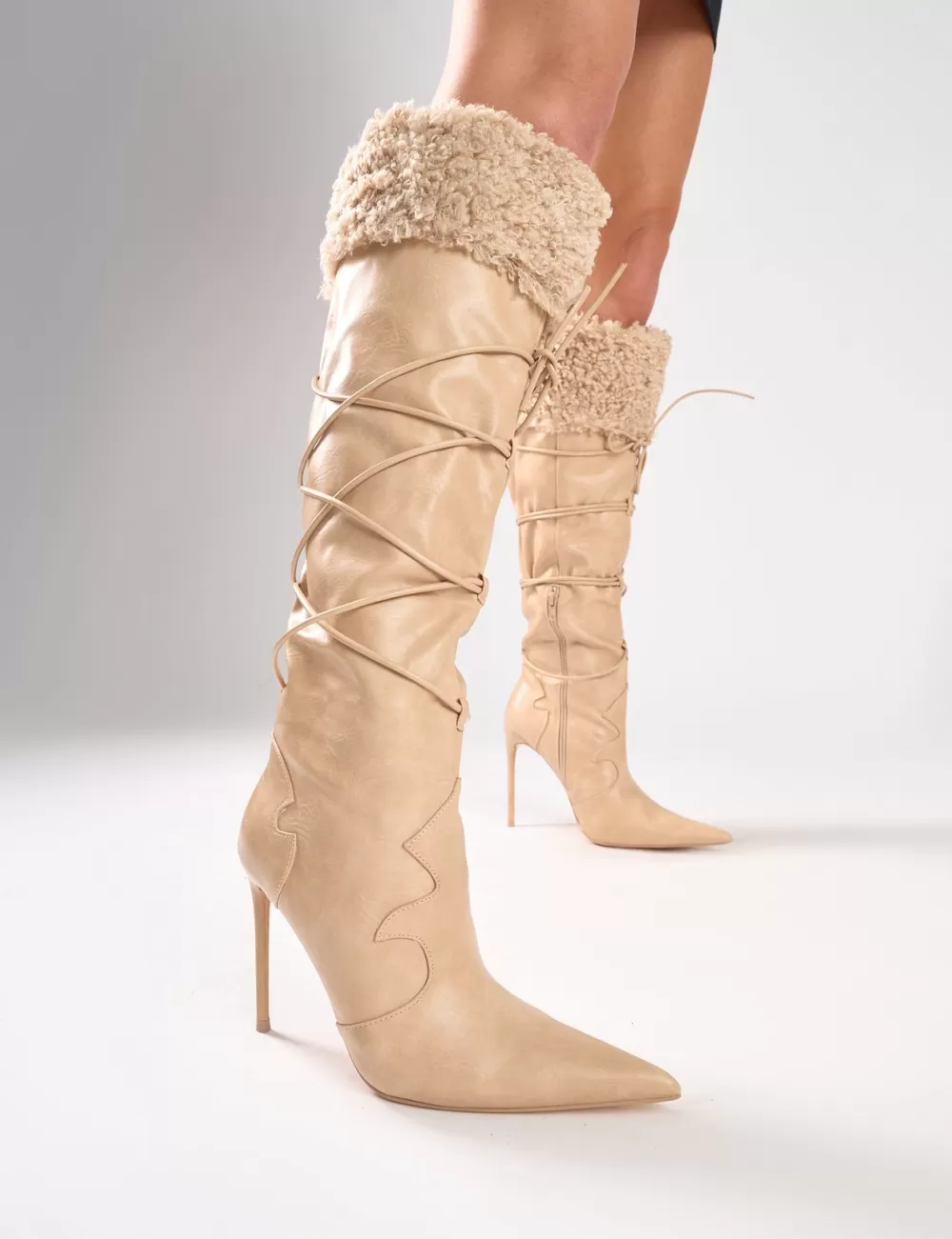 Sale Public Desire Crusader Fur Trim Western Inspired Pointed Toe Boots Cream