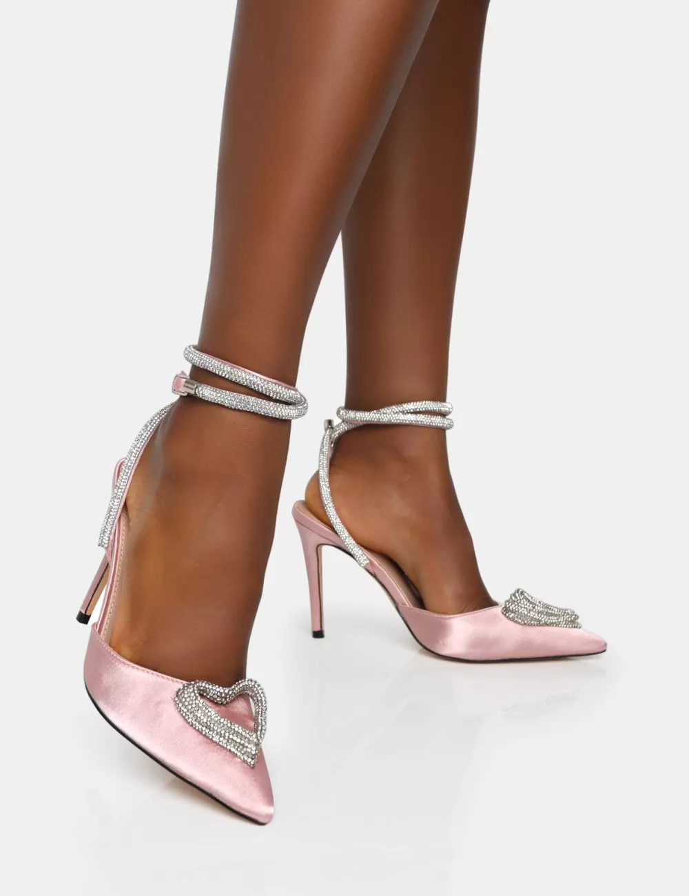 Hot Public Desire Cupid Baby Satin Diamante Wrap Around Pointed Stiletto Heels Pink
