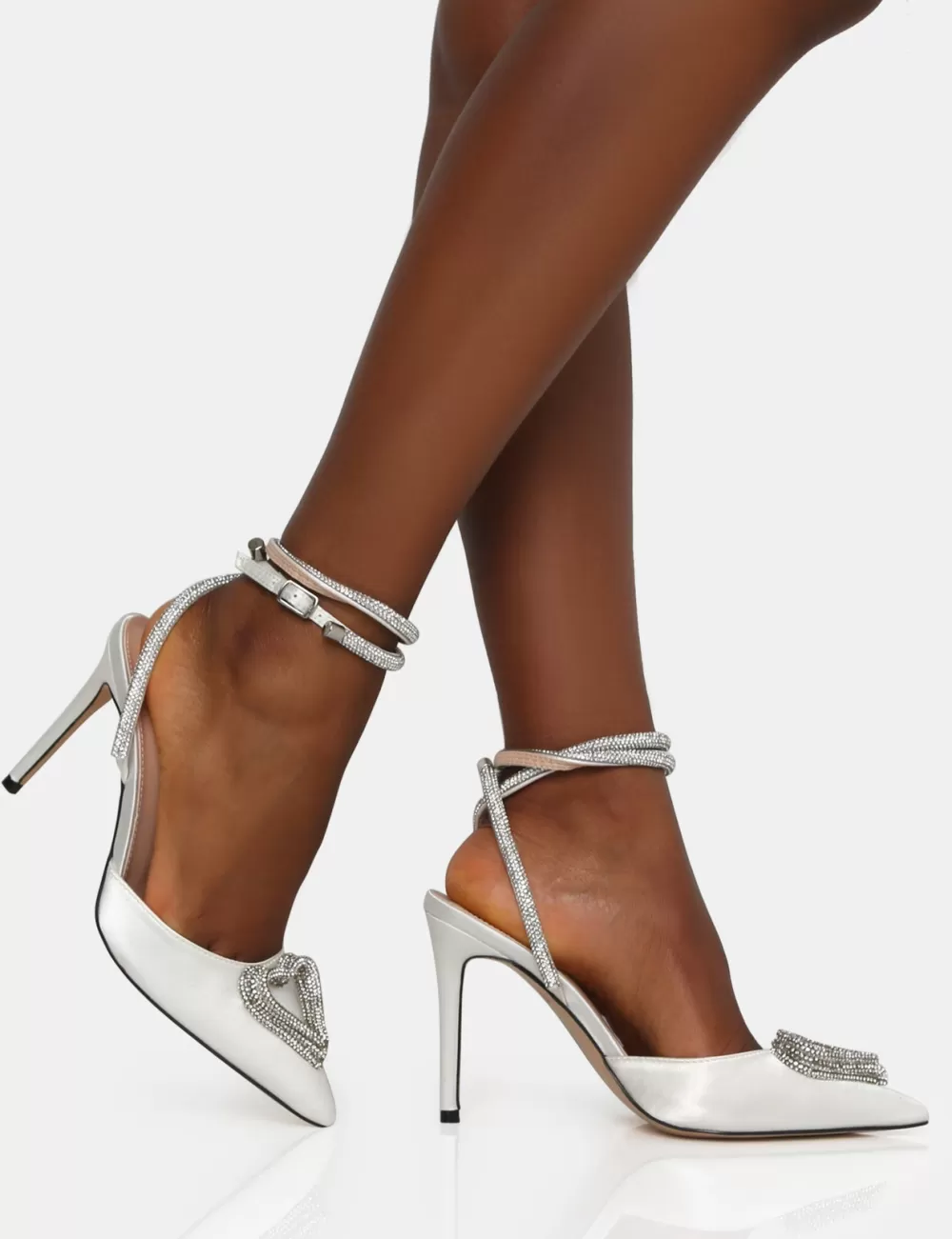 Flash Sale Public Desire Cupid Off White Satin Diamante Heart Wrap Around Court Stiletto Heels Silver