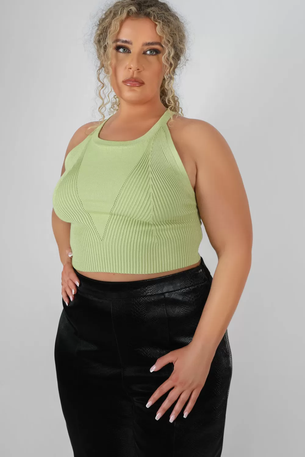 Clearance Public Desire Curve High Neck Knitted Racer Crop Top Lime Green