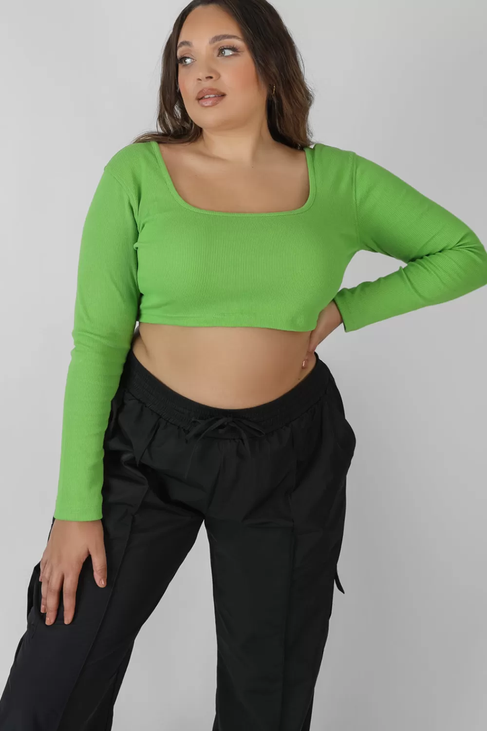 Flash Sale Public Desire Curve Long Sleeve Square Neck Crop Top Green