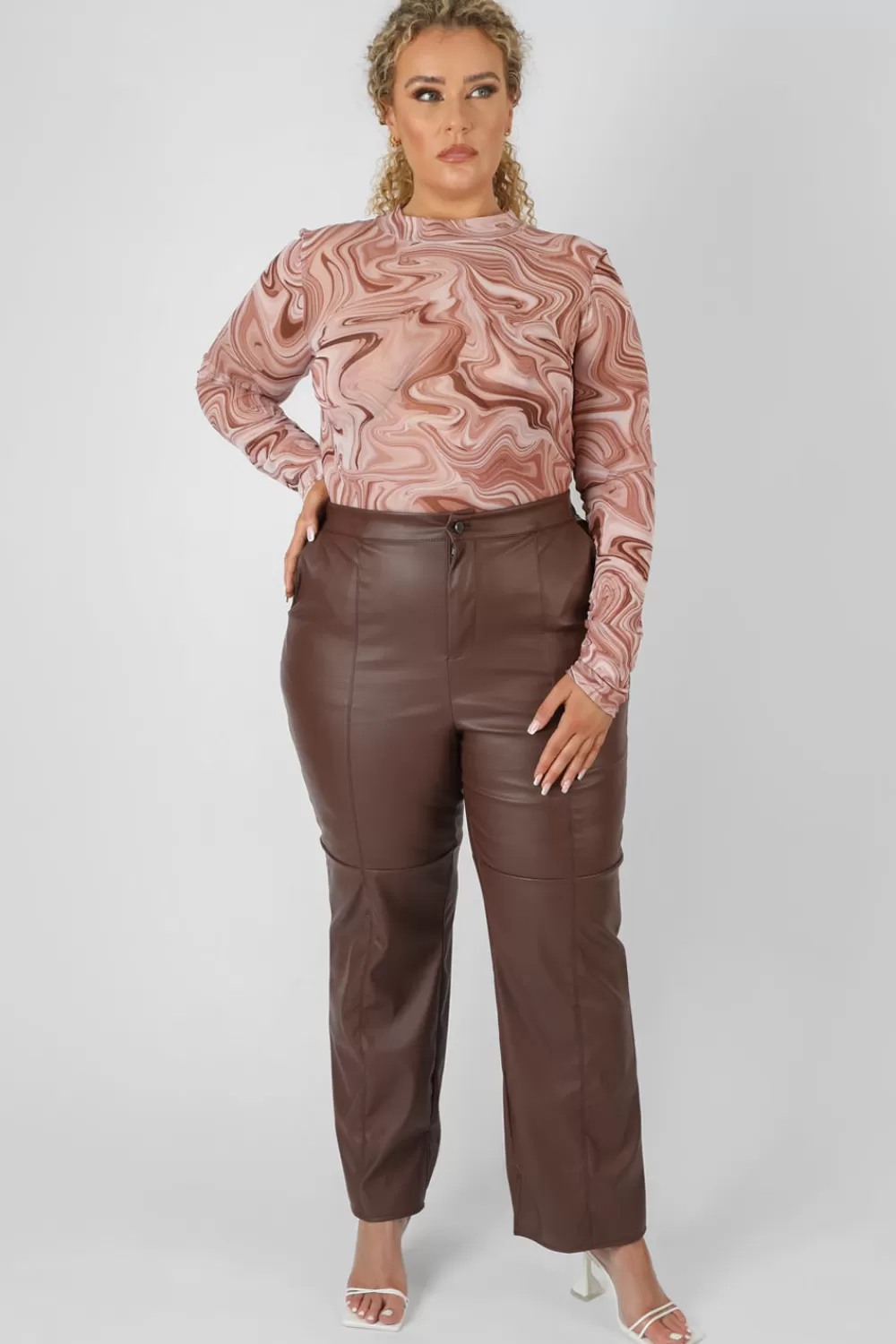 Fashion Public Desire Curve Pu Seam Front Split Detail Trousers Chocolate Brown