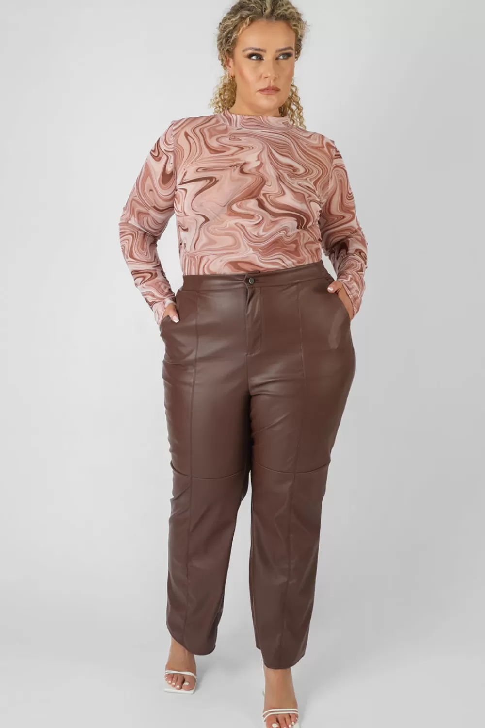 Fashion Public Desire Curve Pu Seam Front Split Detail Trousers Chocolate Brown