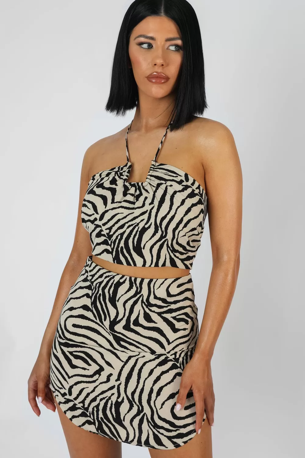 New Public Desire Curved Hem Skirt Zebra Stone Multi