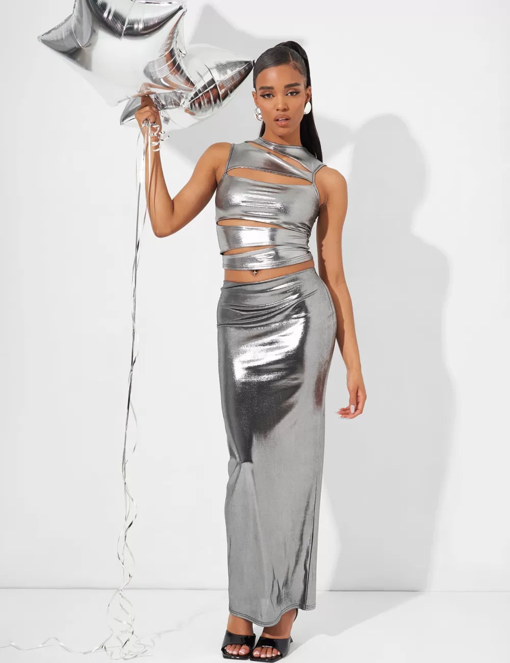 Sale Public Desire Cut Out Crop Top Co Ord in Metallic Silver