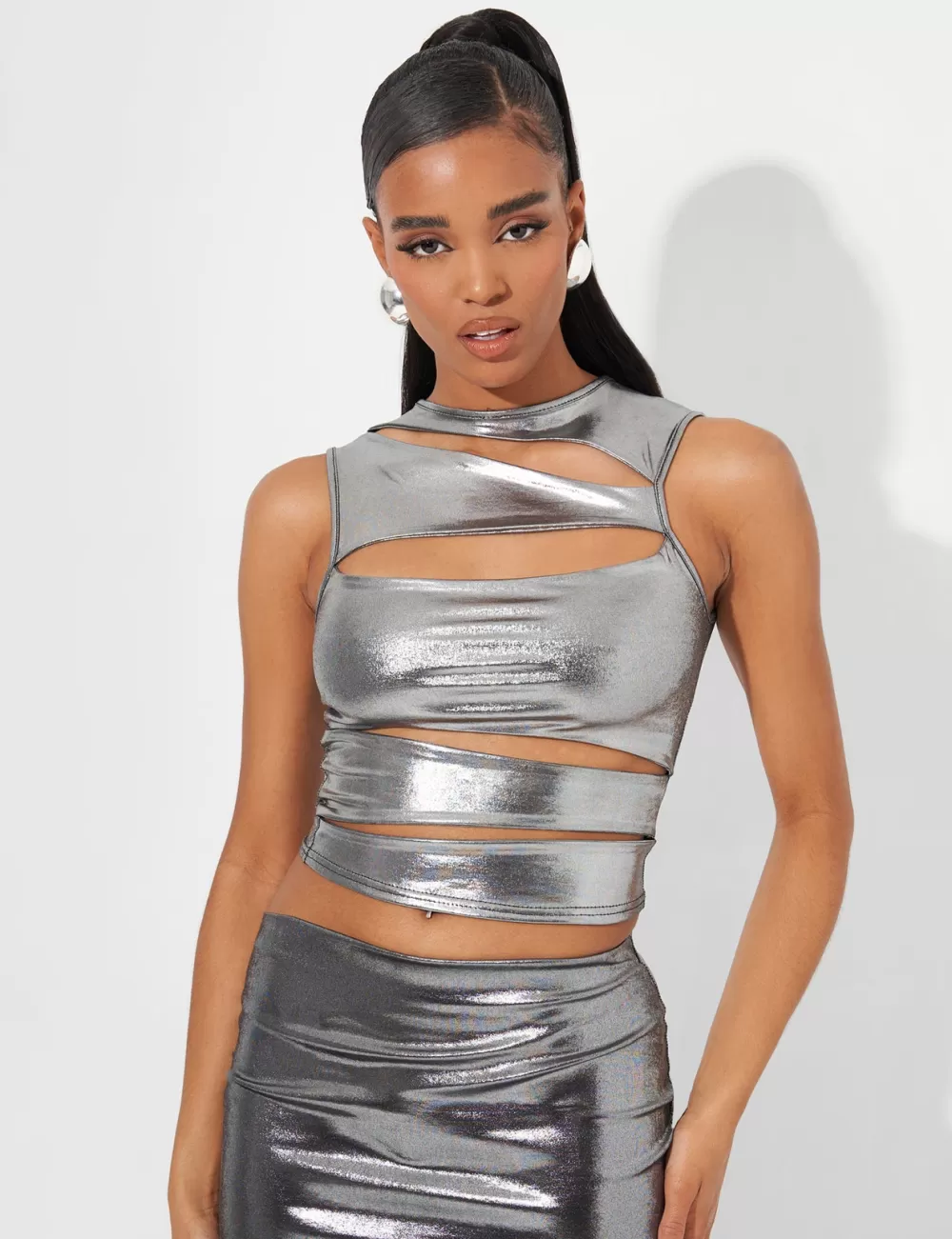 Sale Public Desire Cut Out Crop Top Co Ord in Metallic Silver