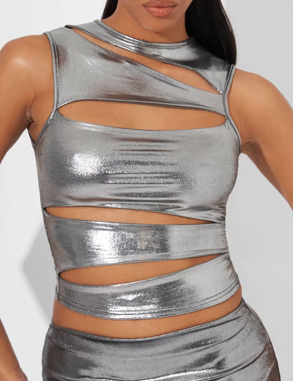 Sale Public Desire Cut Out Crop Top Co Ord in Metallic Silver