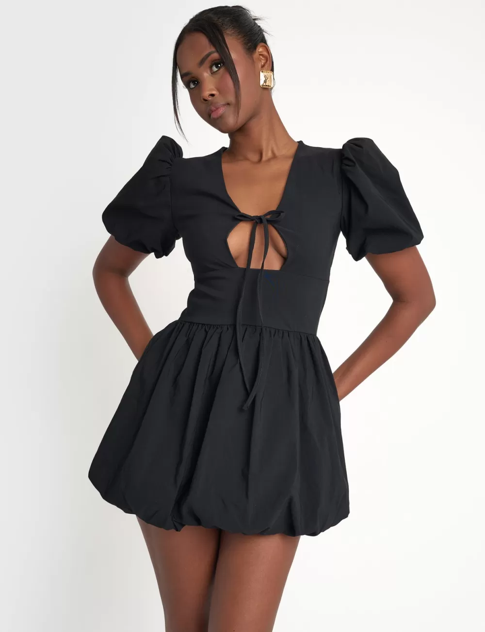 New Public Desire Cut Out Puff Sleeve Bubble Hem Mini Dress Black