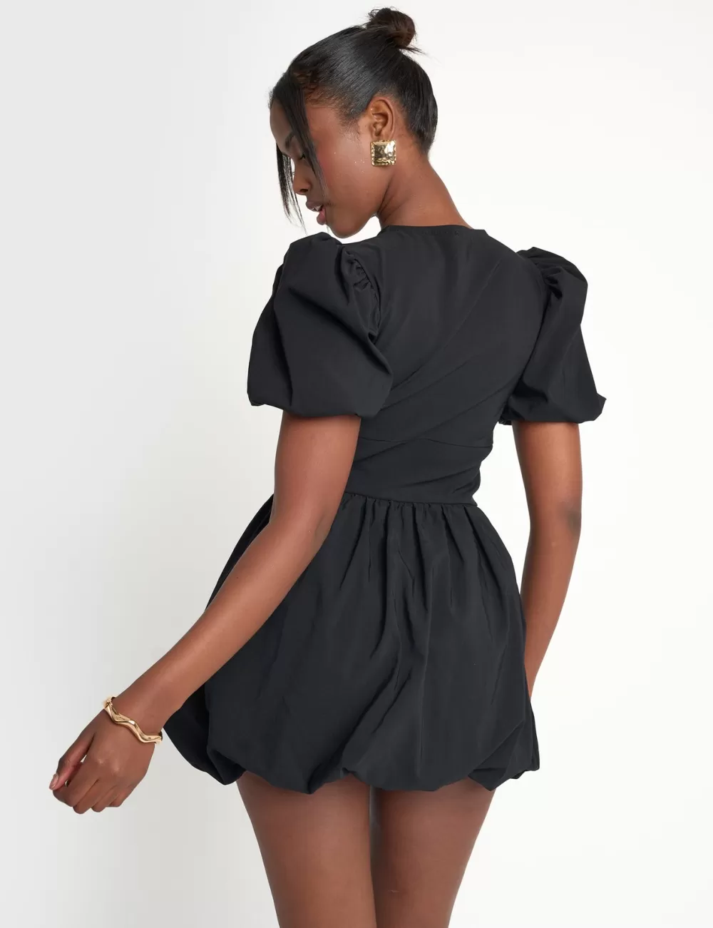 New Public Desire Cut Out Puff Sleeve Bubble Hem Mini Dress Black