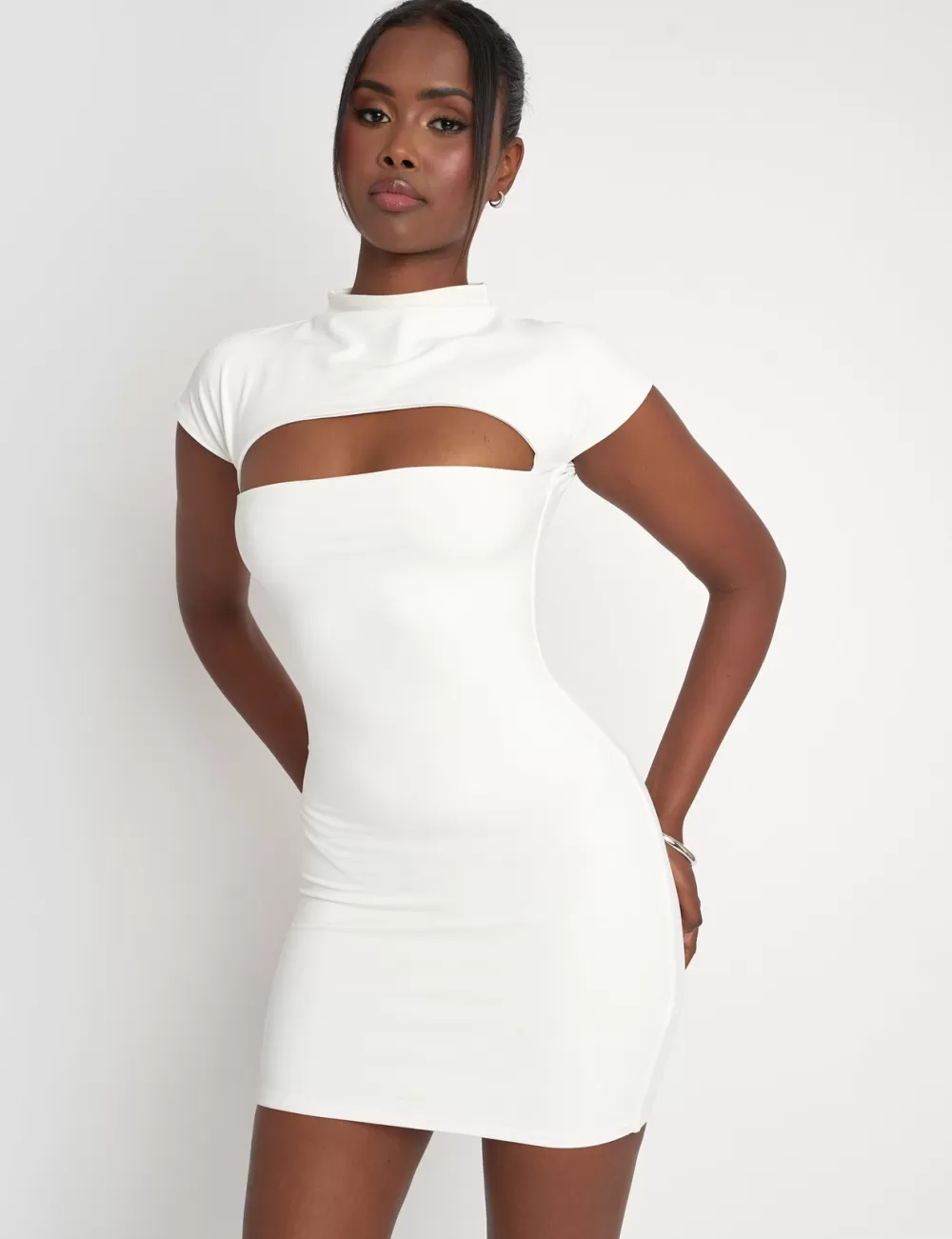 Best Public Desire Cut Out Short Sleeve Luxe Slinky Mini Dress White