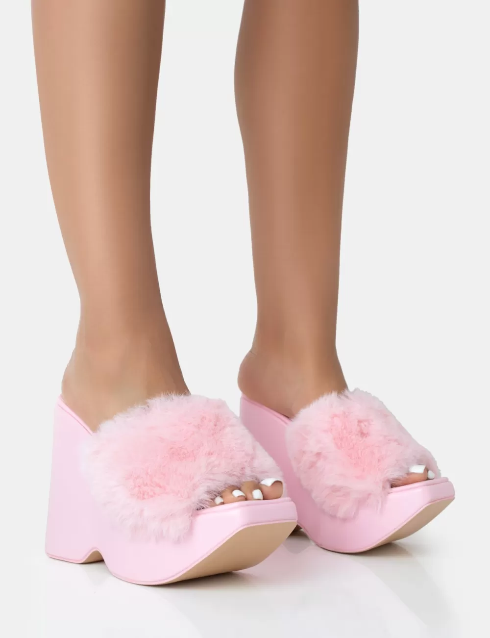 Hot Public Desire Cutie Faux Fur Platform Wedge Heels Pink