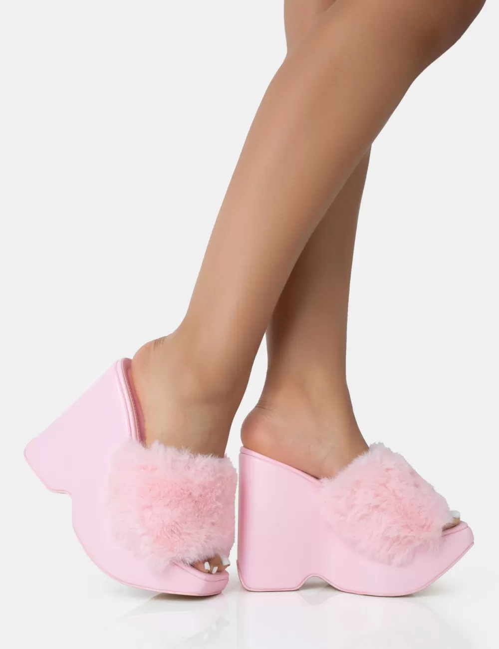 Hot Public Desire Cutie Faux Fur Platform Wedge Heels Pink