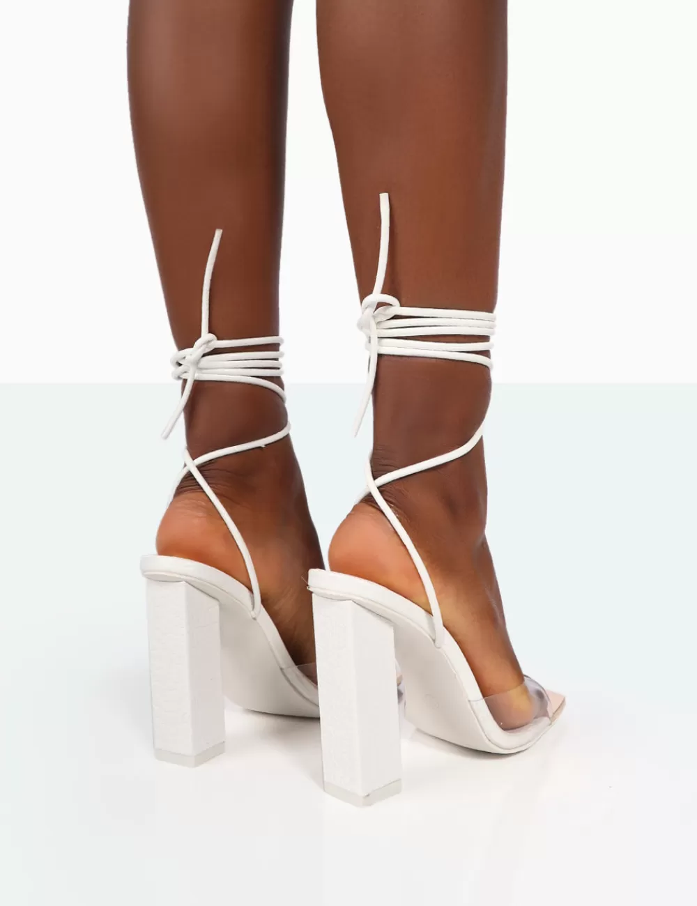 Fashion Public Desire Date-Night Wide Fit White Croc Lace Up Clear Perspex Square Toe Heels