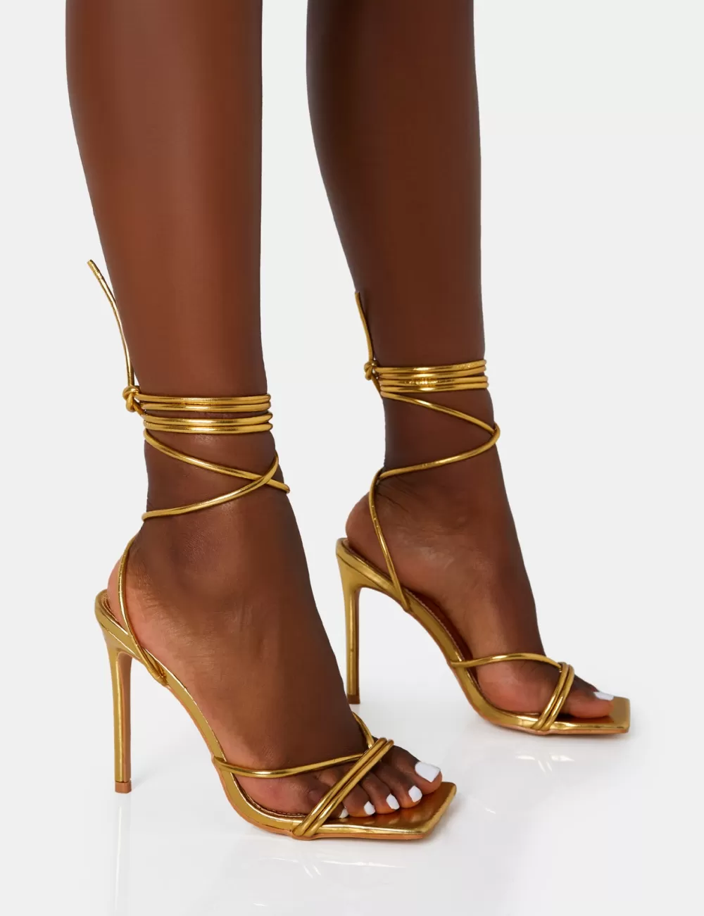 Sale Public Desire Dax PU Barely There Lace Up Square Toe Stiletto Heels Gold