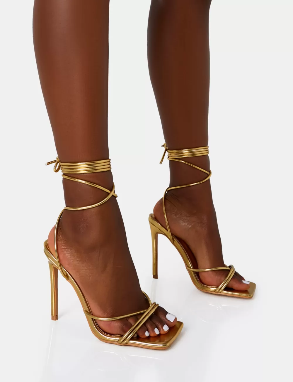 Clearance Public Desire Dax Wide Fit Pu Barely There Lace Up Square Toe Stiletto Heels Gold