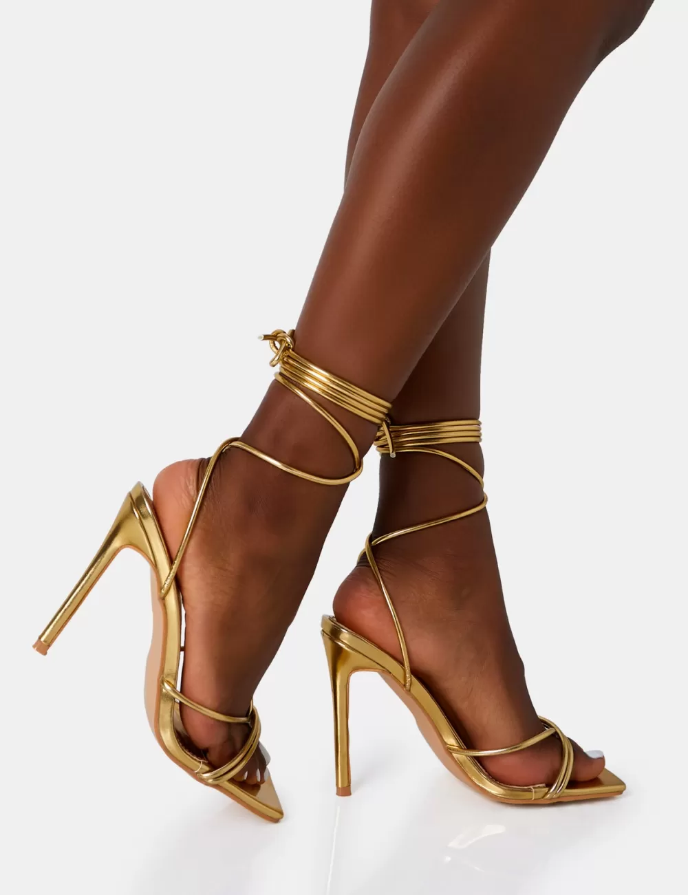 Clearance Public Desire Dax Wide Fit Pu Barely There Lace Up Square Toe Stiletto Heels Gold