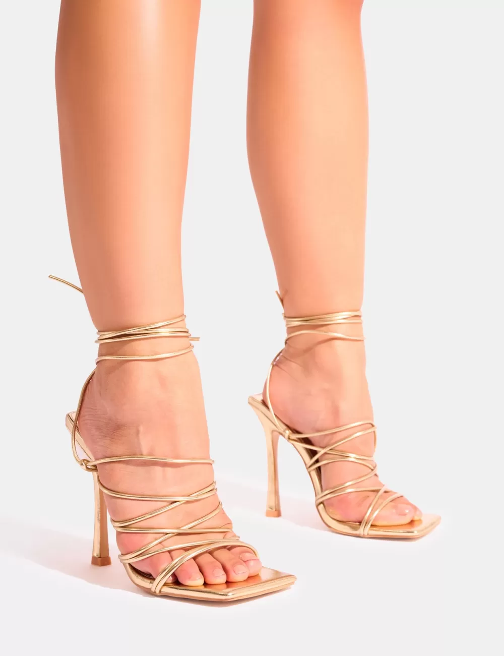 Shop Public Desire Delphini Extreme Lace Up Square Toe Heels Gold