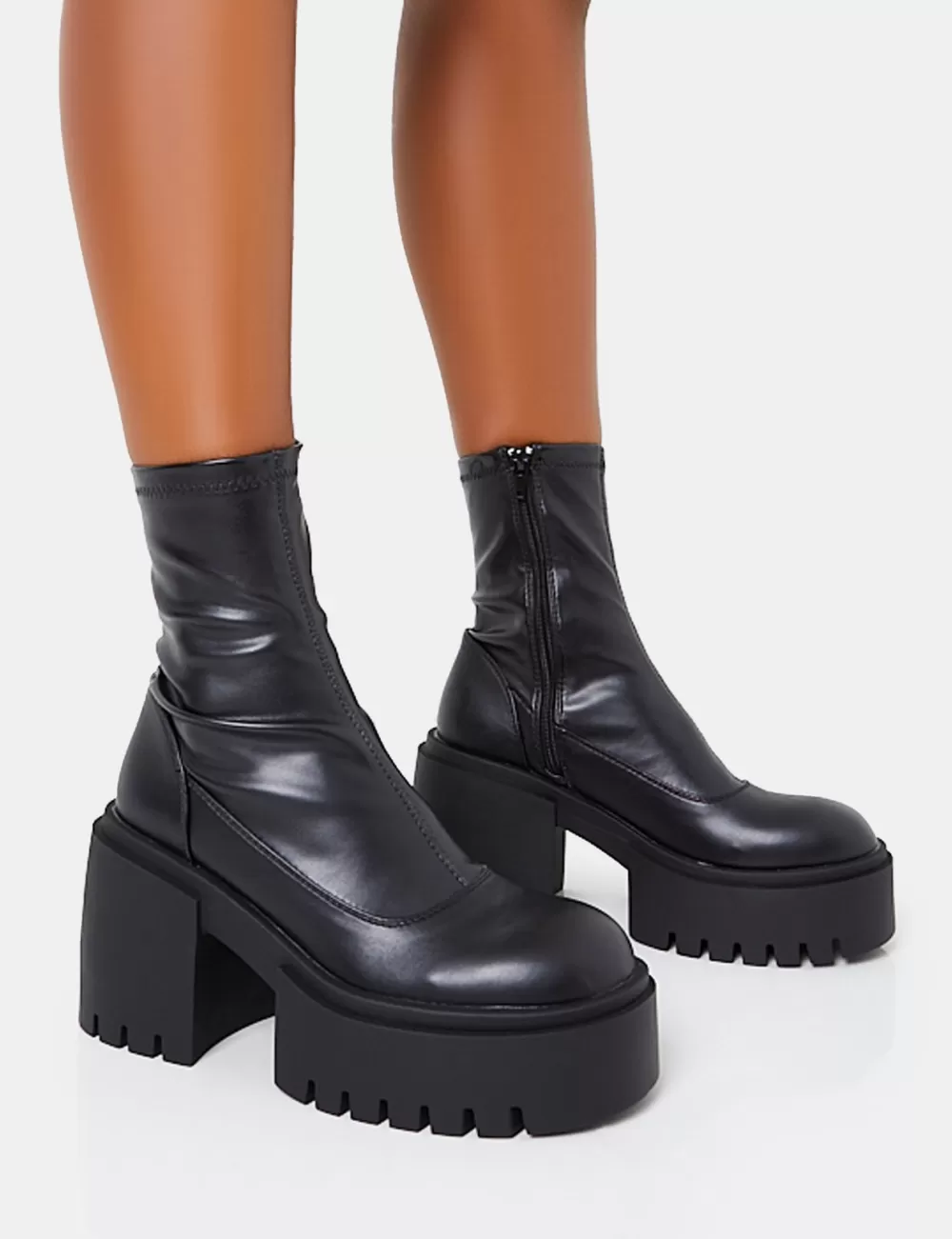 Hot Public Desire Demeter Black Pu Chunky Heeled Platform Ankle Boots