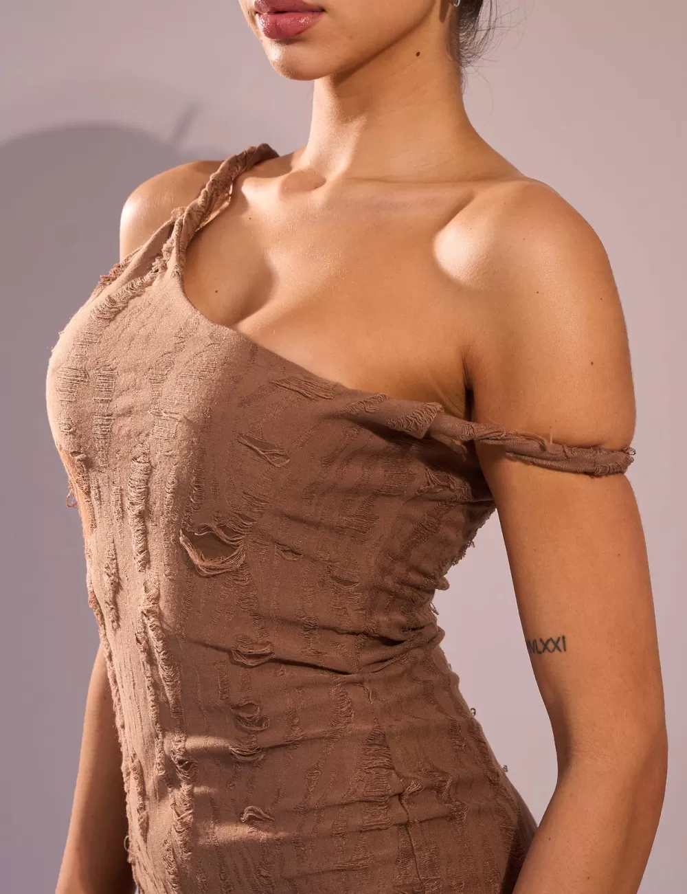 New Public Desire Distressed Twisted Off Shoulder Mini Dress Brown