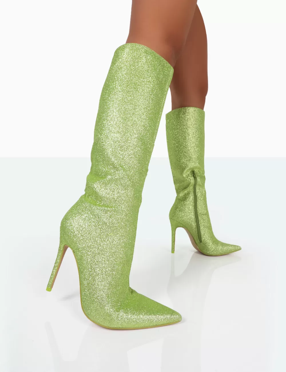 Online Public Desire Diva Lime Glitter Pointed Toe Stiletto Knee High Boots Green