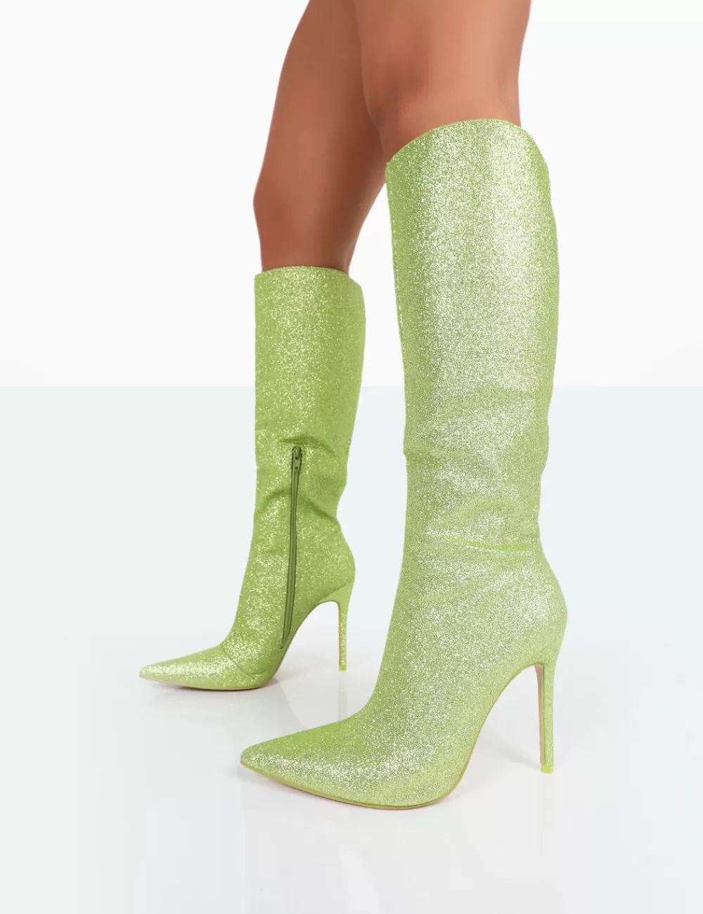 Online Public Desire Diva Lime Glitter Pointed Toe Stiletto Knee High Boots Green