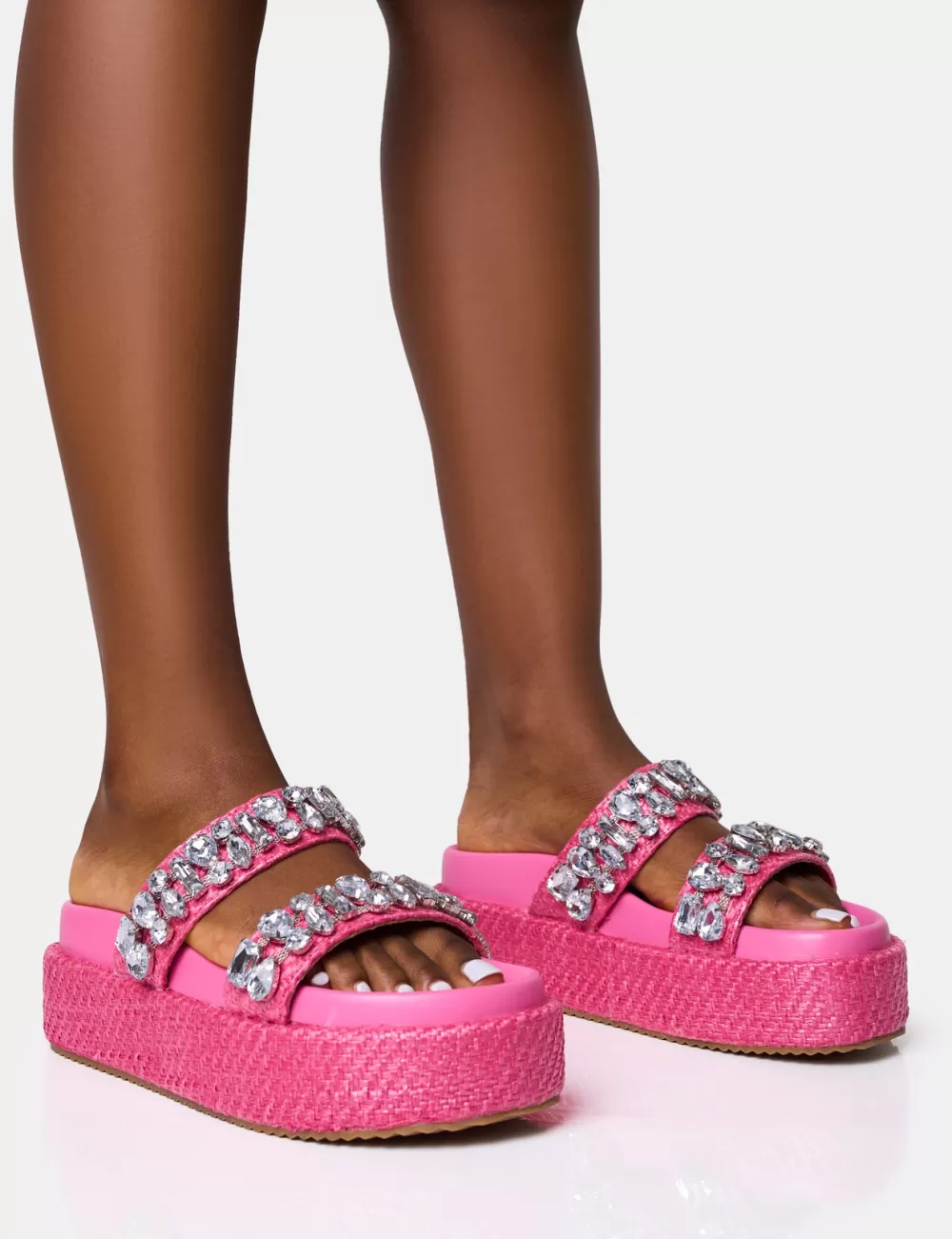 Clearance Public Desire Duchess Pink Raffia Double Strap Embellished Platform Slider Sandals