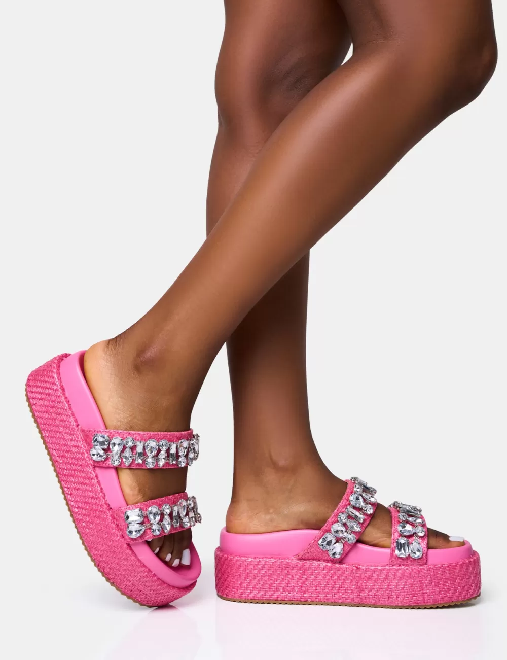 Clearance Public Desire Duchess Pink Raffia Double Strap Embellished Platform Slider Sandals