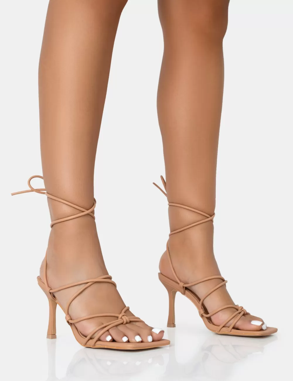 Discount Public Desire Duet Nude Knot Strappy Lace Up Square Toe Mid Heels Neutral