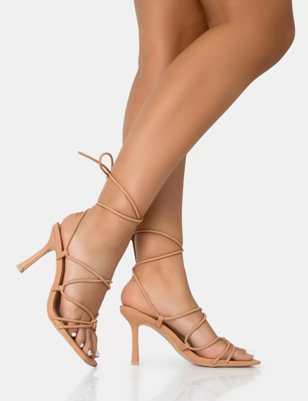 Discount Public Desire Duet Nude Knot Strappy Lace Up Square Toe Mid Heels Neutral