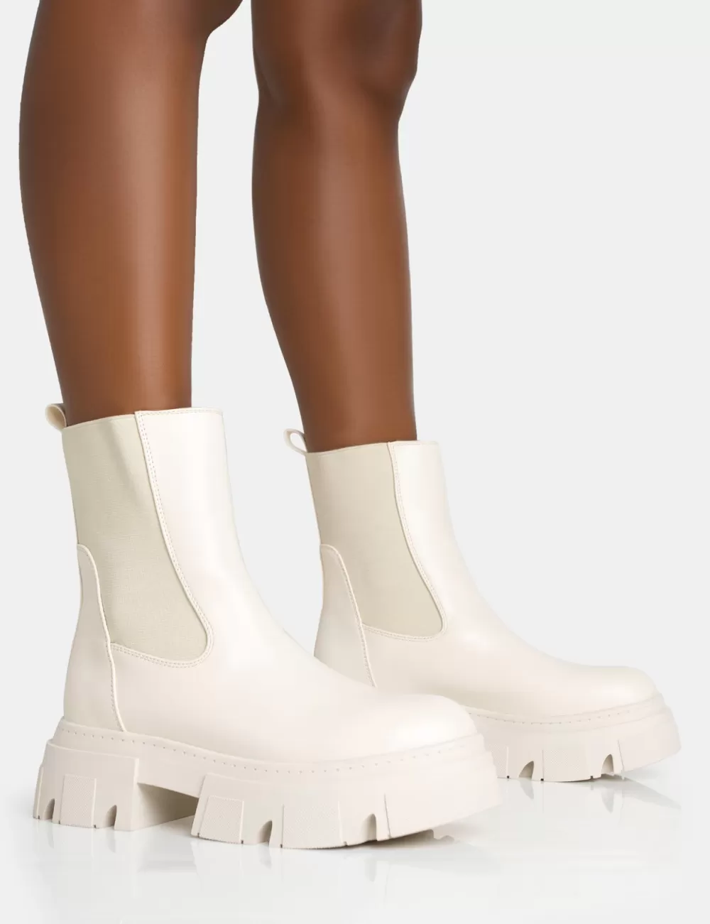 Online Public Desire Edgy Cream Pu Elasticated Ankle Rounded Chunky Sole Ankle Boots Neutral