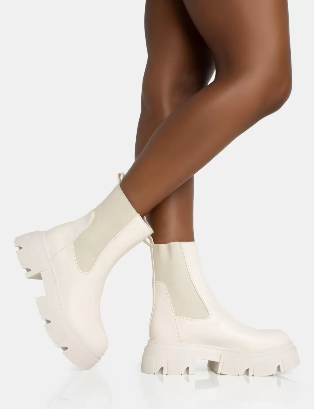 Online Public Desire Edgy Cream Pu Elasticated Ankle Rounded Chunky Sole Ankle Boots Neutral