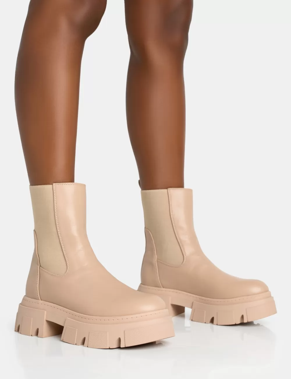 Cheap Public Desire Edgy Taupe Pu Elasticated Ankle Rounded Chunky Sole Ankle Boots Neutral